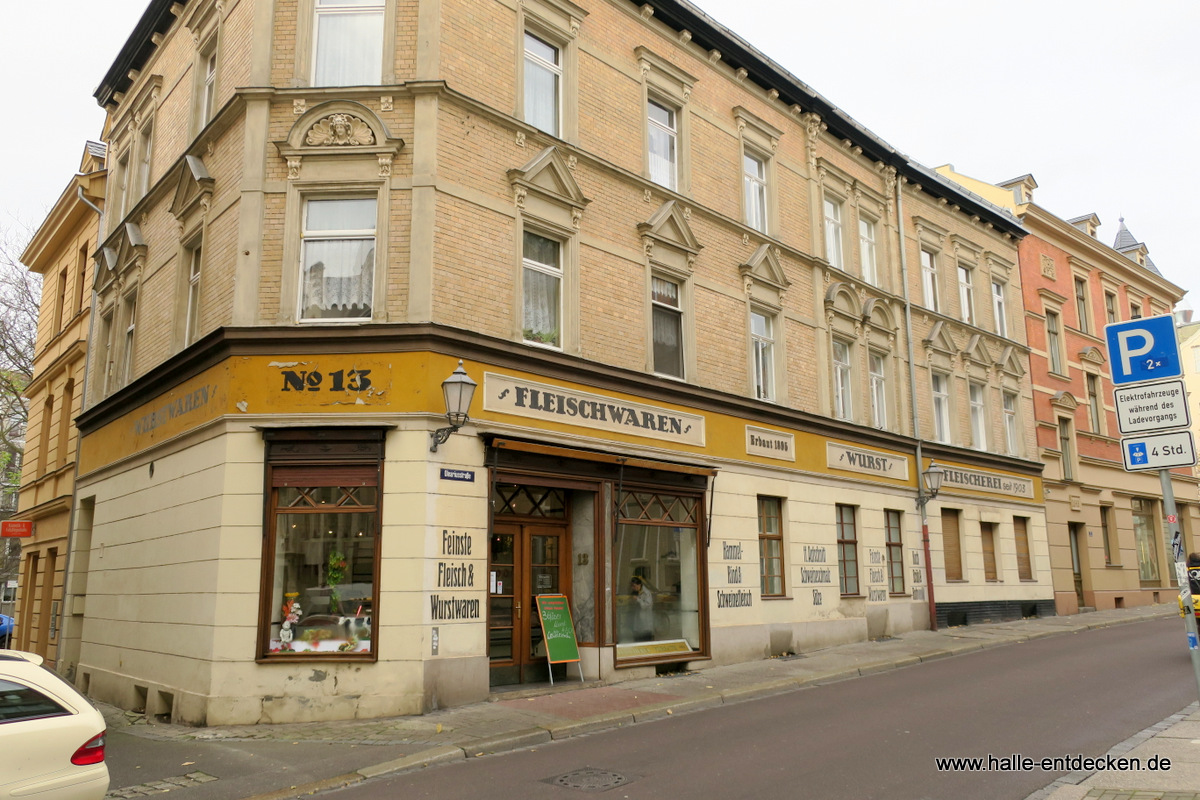 Fleischerei an der Ecke Graseweg und Oleariusstraße.