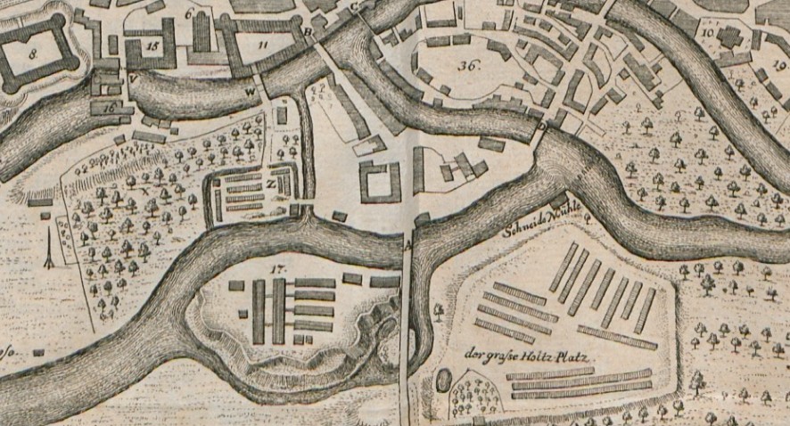 Mit A kennzeichnet ist die Schieferbrücke im Grundriß der Stadt Halle aus dem Jahr 1748.