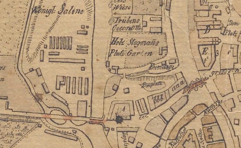 Die Schieferbrücke ist unten mittig auf dem Ausschnitt aus dem Grundriss der Stadt Halle An Der Saale von 1820.