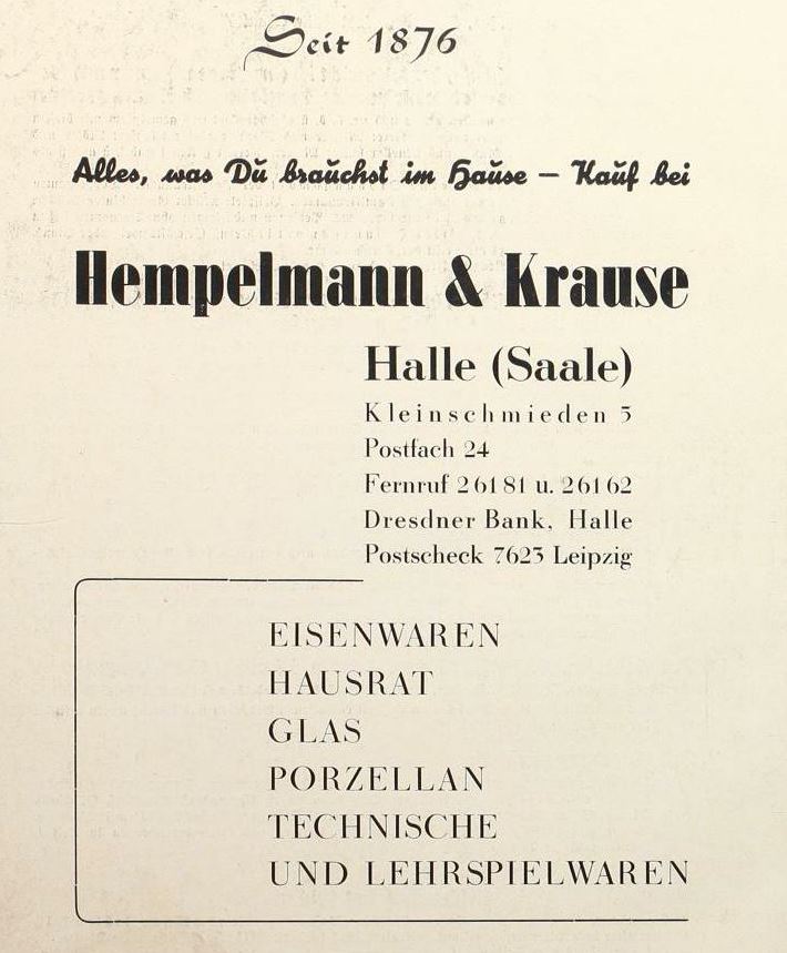 Hempelmann & Krause, Kleinschmieden in Halle, Werbeanzeige im Adreßbuch für Halle und Umgebung, Teil I, Haushaltsvorstände nach Namen