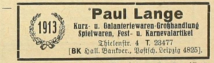 Paul Lange in der Thielenstraße in Halle, Werbeanzeige im Adreßbuch für Halle und Umgebung, Teil I, Haushaltsvorstände nach Namen, Seite 203