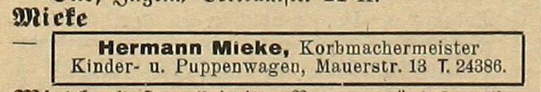 Korbmachermeister Hermann Mieke in der Mauerstraße 13 in Halle (Saale), Hallesches Adreßbuch mit Umgebung, Teil I Haushaltsvorstände nach Namen, Seite 233