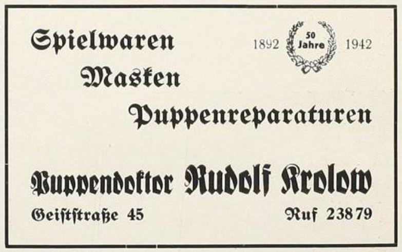 Puppendoktor-Krolow in der Geiststraße 45 in Halle, Werbeanzeige im Adreßbuch für Halle und Umgebung