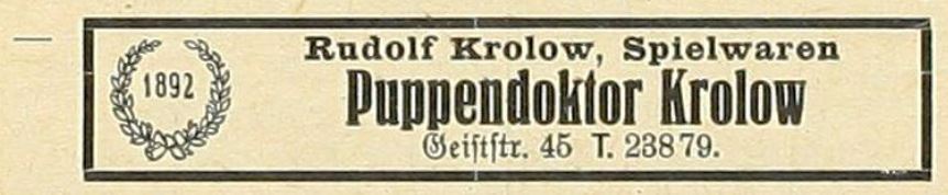 Puppendoktor Krolow in der Geiststraße 45 in Halle (Saale), Hallesches Adreßbuch mit Umgebung, Teil I Haushaltsvorstände nach Namen, Seite 193