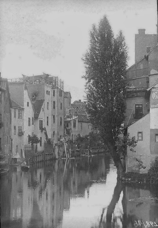 Blick von der Klausbrücke über die Schwemmsaale und den Häusern der Spitze links im Bild. Fotografiert von Gottfried Riehm.
