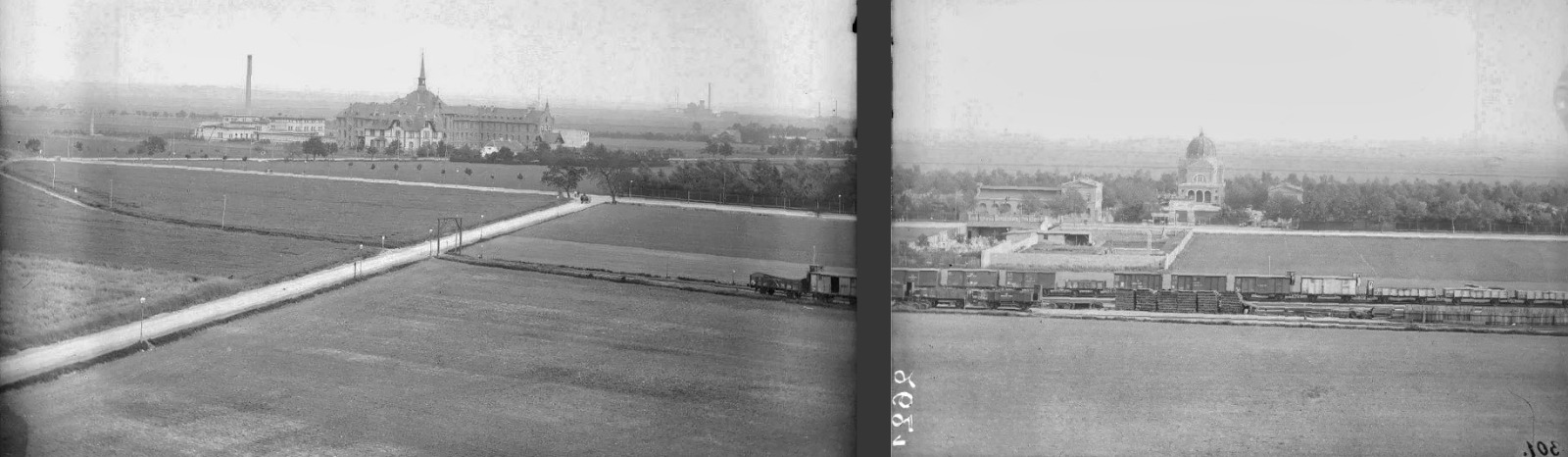 Panorama mit Blick vom Wasserturm auf die Huttenstraße am Südfriedhof und die Merseburger Straße.