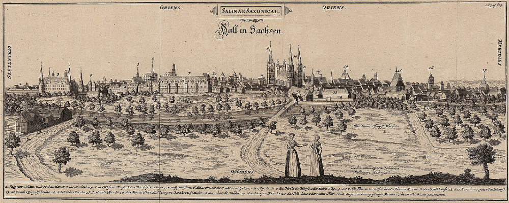 Ansicht von Hall in Sachsen (Halle) im Jahr 1749.
