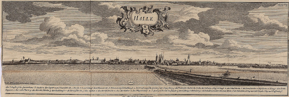 Ansicht von Hall in Sachsen (Halle) im Jahr 1749.