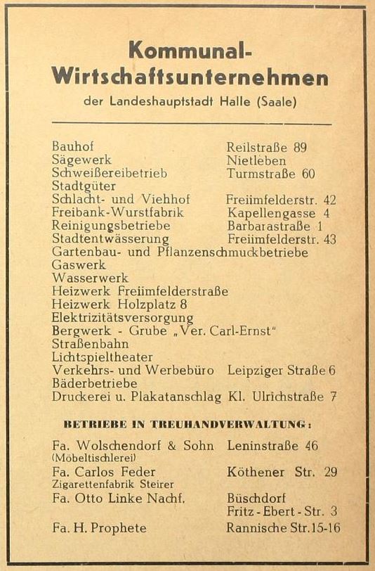 Kommunale Wirtschaftsunternehmen in Halle (Saale) im Jahr 1950