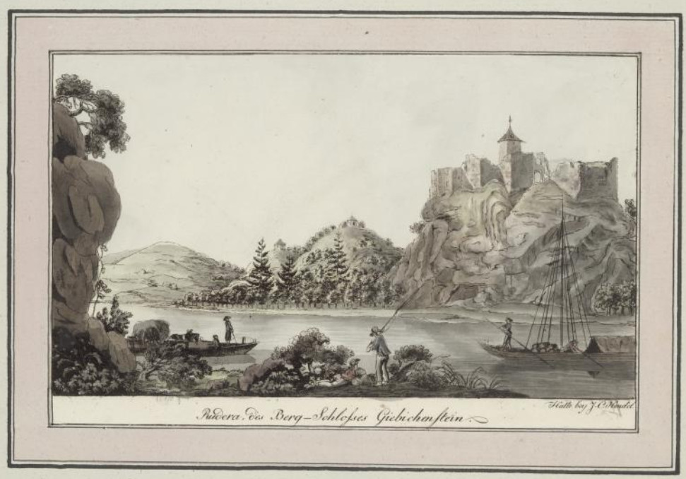 Die Burg Giebichenstein von Kröllwitz aus gesehen. Vermutlich im Jahr 1790.