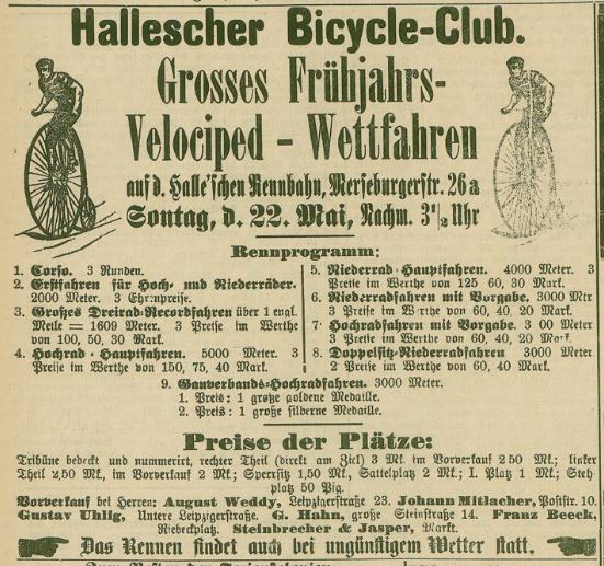 Anzeige im Halleschen Tageblatt Grosses Frühjahrs-Velociped-Wettfahren des Halleschen Bicycle-Clubs.