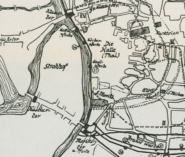 Hallische Stadtmauer vom Moritztor bis zum Klaustor.