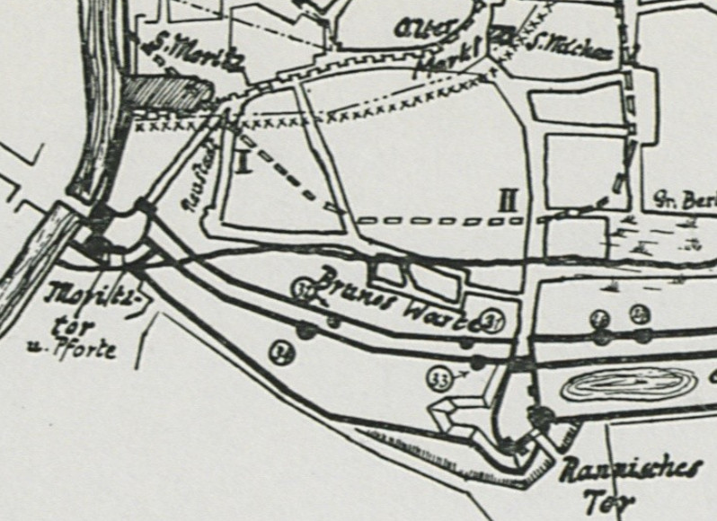 Hallische Stadtmauer vom Rannischen Tor bis zum Moritztor.