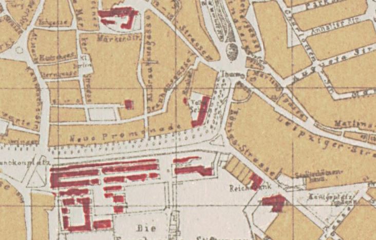 Ausschnitt aus dem Stadtplan von 1879 - Franckesche Stiftungen, Ulrichskirche, Königsplatz