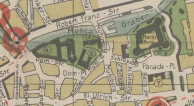 Ausschnitt aus dem Plan der Stadt Halle a/S / Herausgeber: Hallescher Wirtschafts- und Verkehrsverband Halle a.S., Halle a.d.S. : Karras & Koennecke, (1926?)