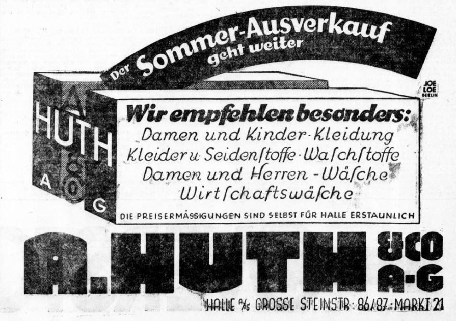 Eine Anzeige des Kaufhaus Huth in den Halleschen Nachrichten vom 1. Juli 1927.