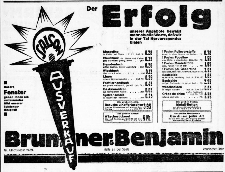 Kaufhaus Brunner & Benjamin - Anzeige in den Halleschen Nachrichten vom 1. Juli 1927.
