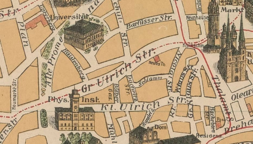 Ausschnitt aus dem Plan der Stadt Halle a. S. / C. Warnecke, Halle A/S. 1905, ULB, CC BY 4.0
