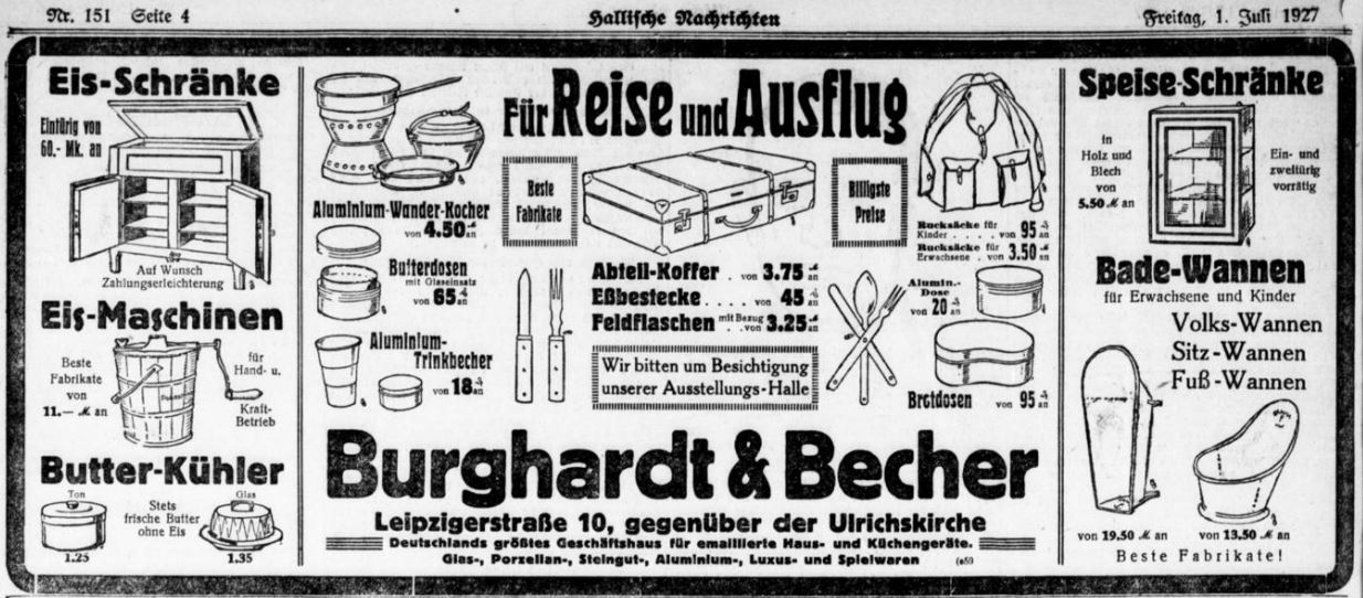 Burghardt & Becher in der Leipziger Straße 10; Anzeige vom 1.7.1927 in Hallesche Nachrichten