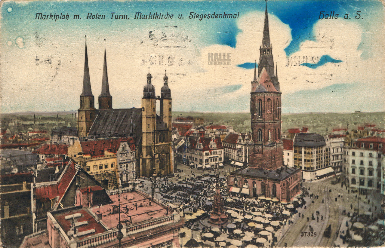 Historische Ansicht des Marktplatzes in Halle (Saale) um 1900.