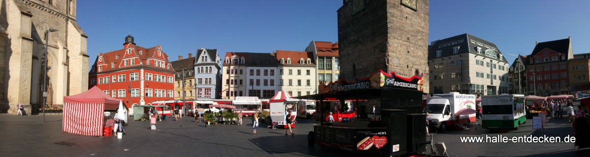 Panorama Marktplatz Halle (Saale) - Marktschlösschen, Roter Turm, Kaufhof, Wochenmarkt