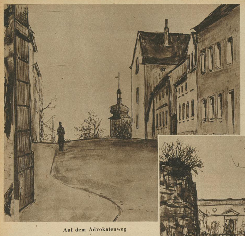 Eine Zeichnung von Kurt Marholz in den Illustrierten Hallischen Nachrichten vom 26.02.1938 vom Advokatenweg.