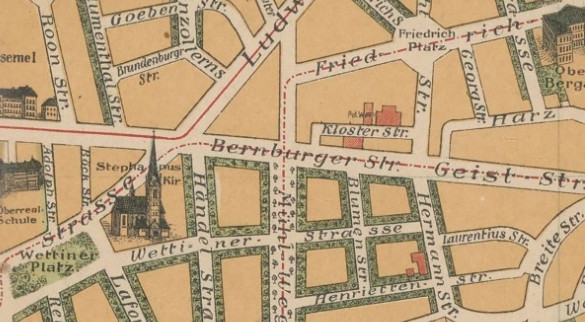 Ausschnitt aus dem Plan der Stadt Halle a. S. / C. Warnecke, Halle A/S. 1905, ULB, CC BY 4.0
