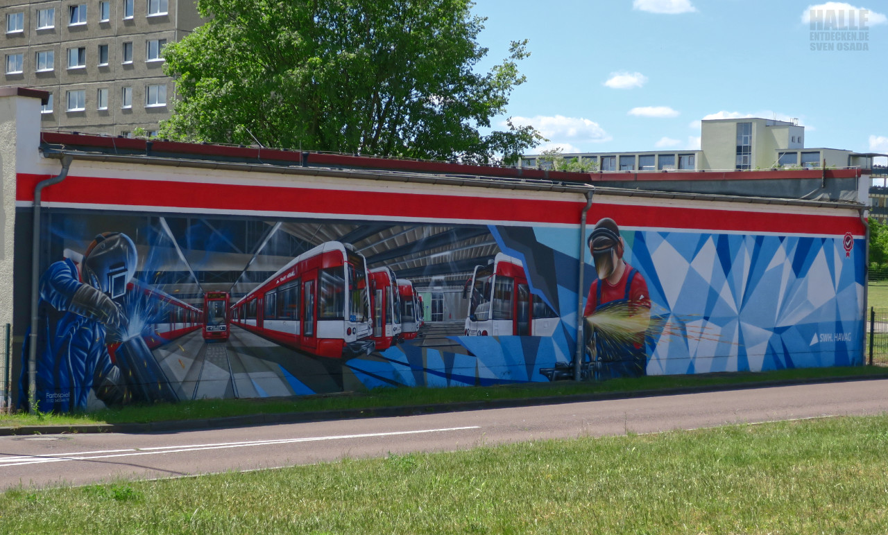 Wandbild mit Straßenbahnen der HAVAG in der Silbertalerstraße.