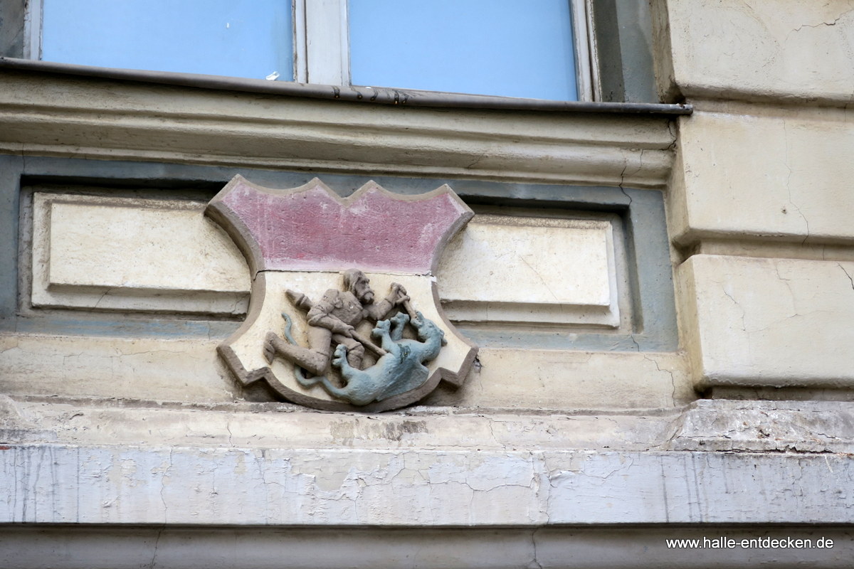 Das Wappen von Glaucha in der Lerchenfeldstraße.
