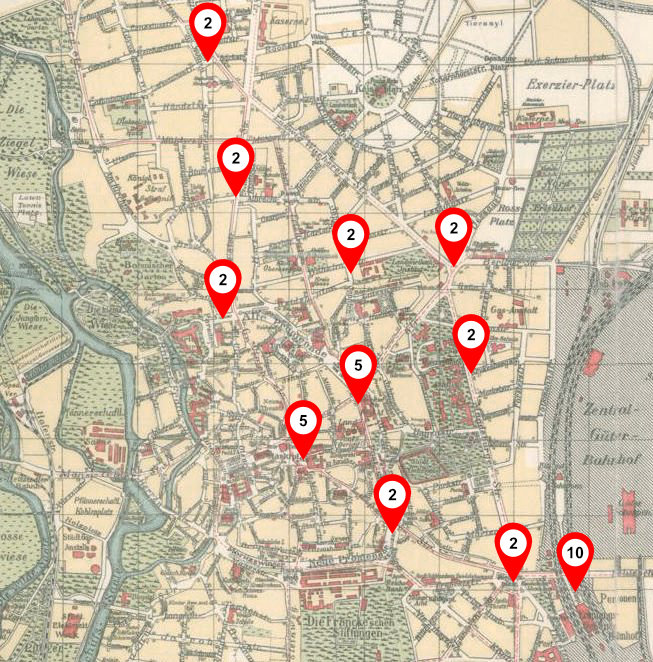 Alle Droschkenhaltestellen 1920 in Halle im Stadtplan von 1917 mit Anzahl der Halteplätze dargestellt